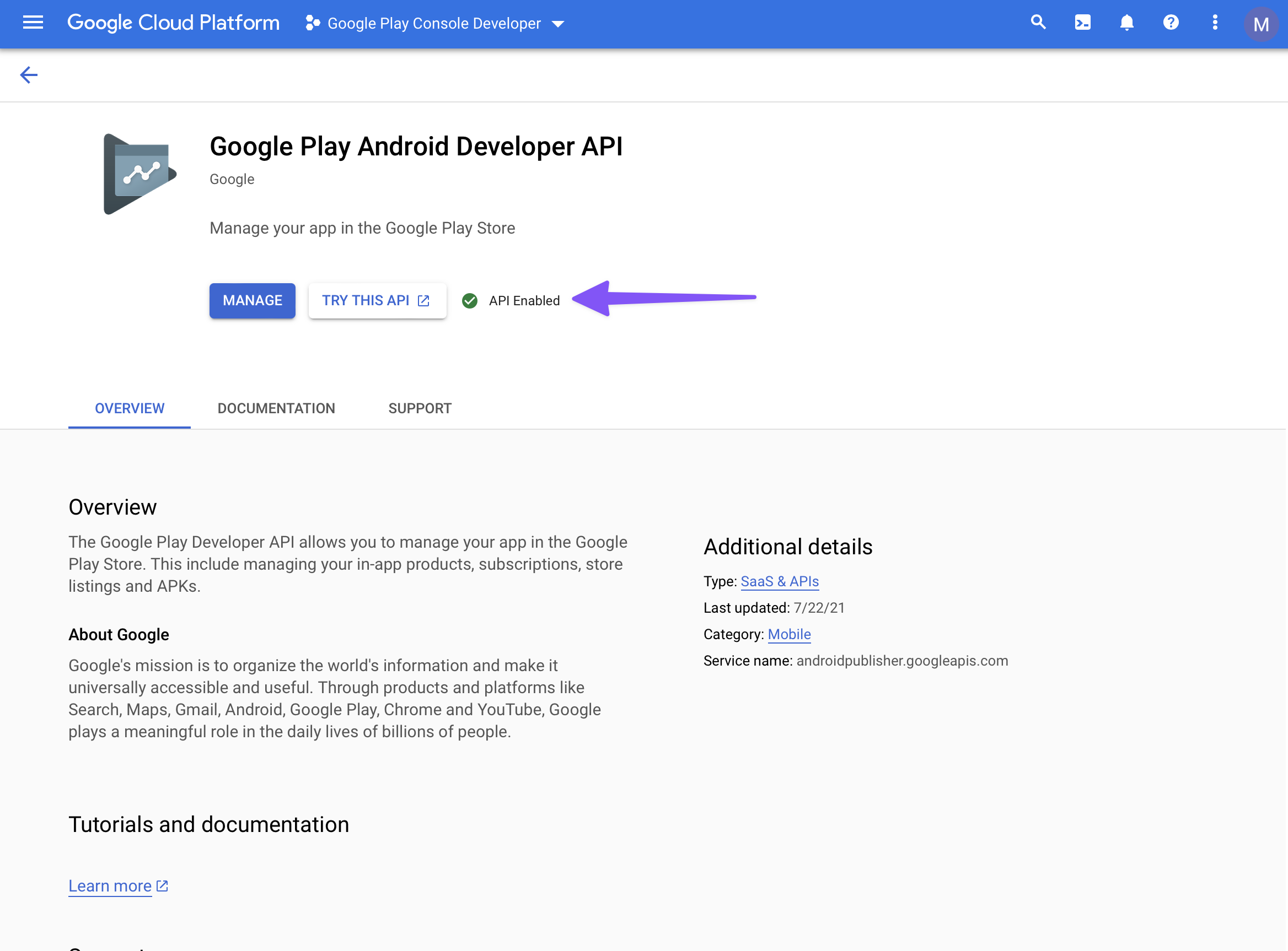 Screenshot showing how to enable the Google Play Android Developer API