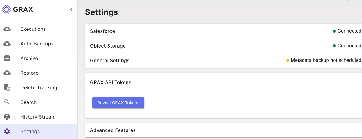 GRAX Settings page showing the Reveal GRAX Tokens button