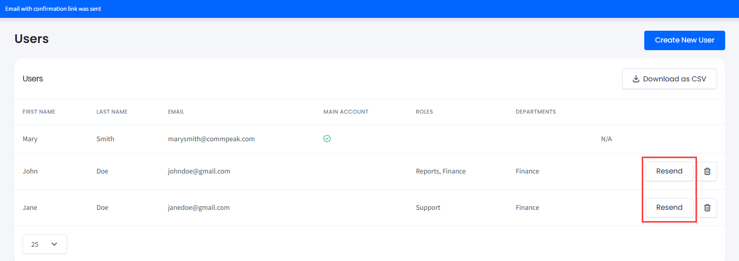 Screenshot of the Resend buttons and the Email with confirmation link was sent notification