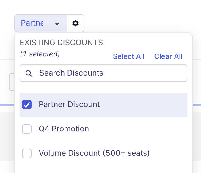 The offering discount list open, showing EXISTING DISCOUNTS with Partner Discount checked and Q4 Promotion and Volume Discount (500+ seats) unchecked.