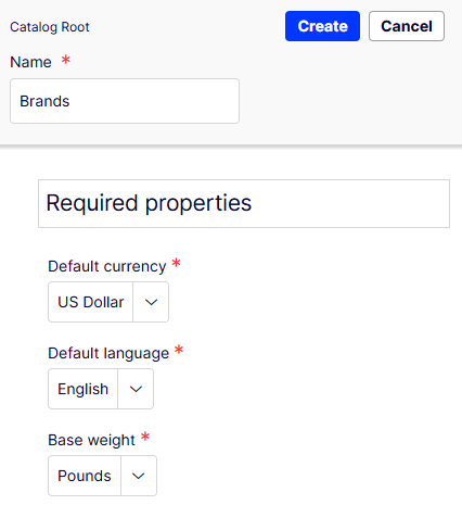 Screenshot of the catalog details form with Name, Default currency, Default language, and Base weight fields.