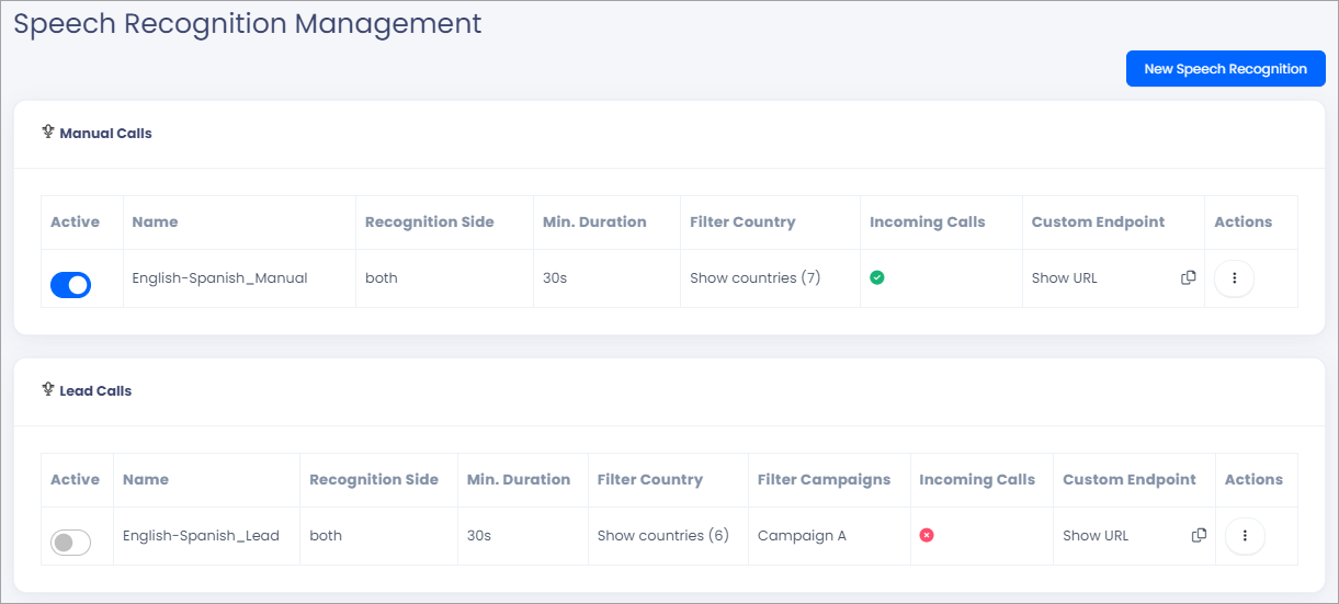 Screenshot of the Speech Recognition Management section