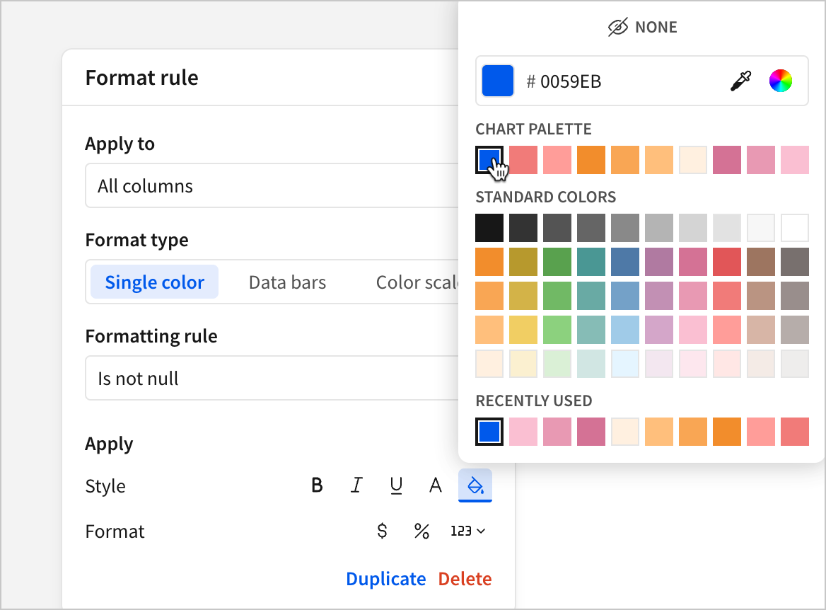 The color picker opened from the Format rule model, with the cursor hovering over a blue color with hex code #0059EB from the Chart palette section.