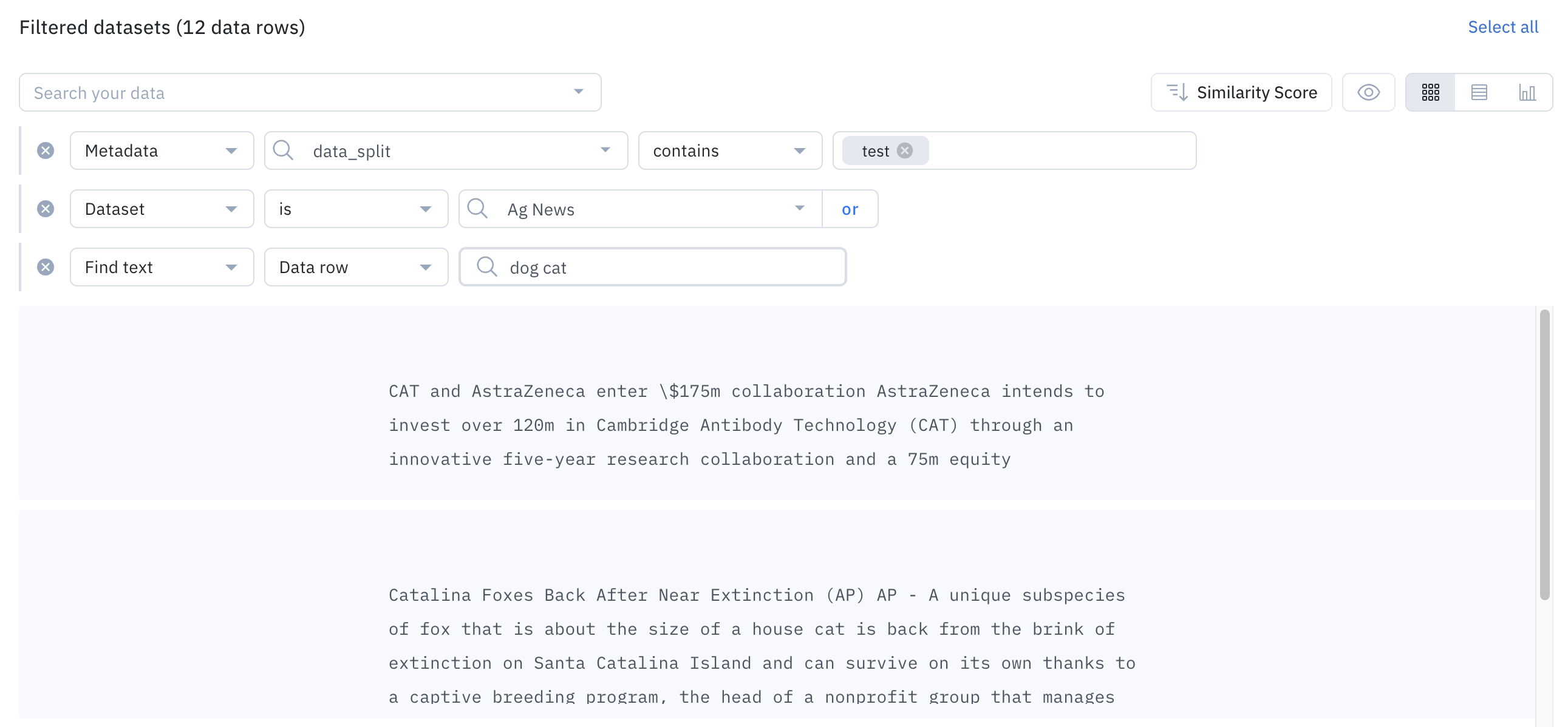 Find text can be used in conjunction with other filters to surface high-impact data