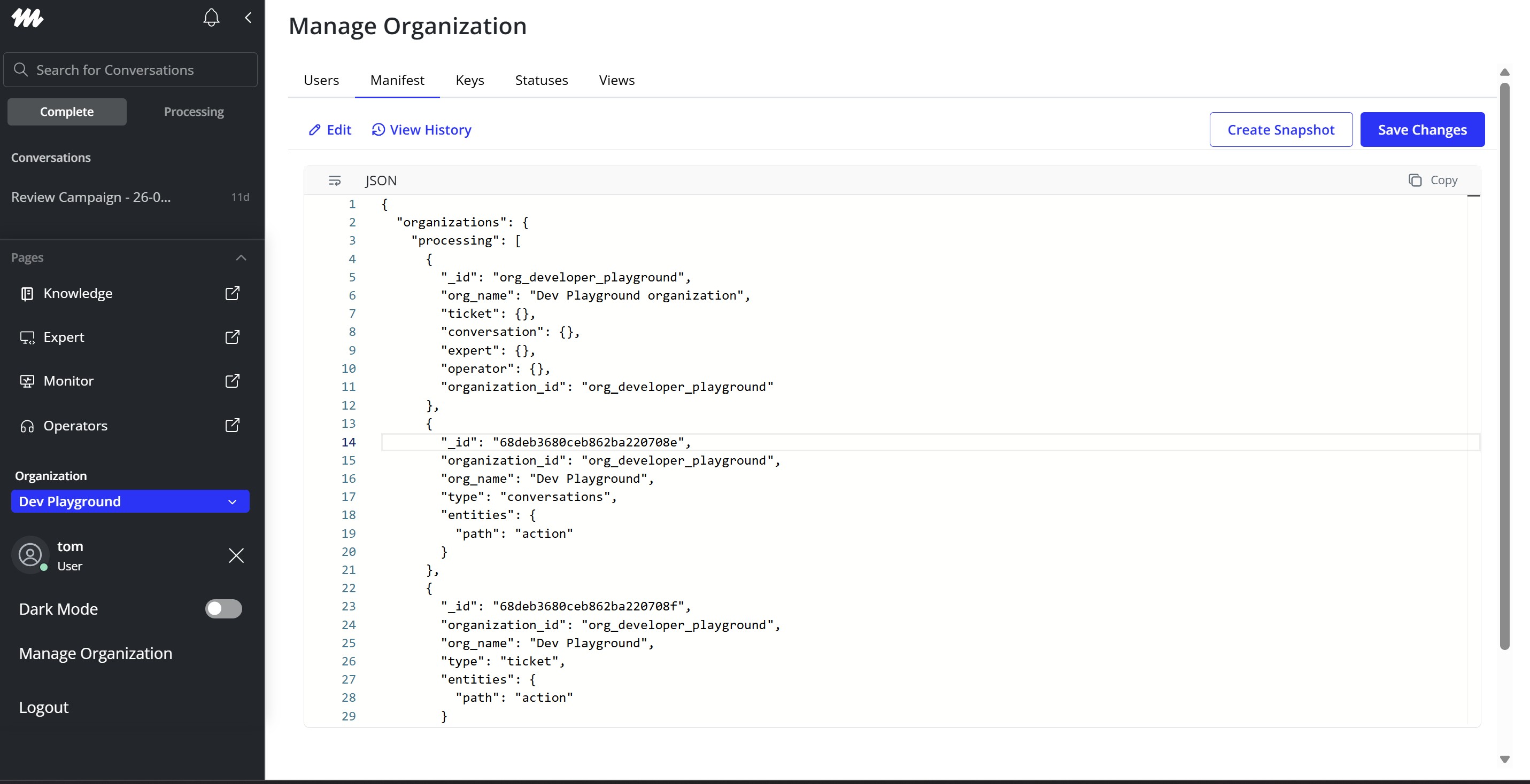 Org manifest and snapshot history