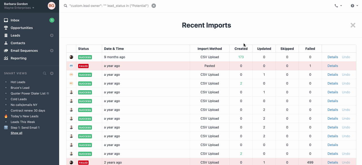 Assigning a recent lead import to a user.