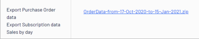 Screenshot of the Reports menu in Commerce Connect listing the downloadable subscription .zip archive.