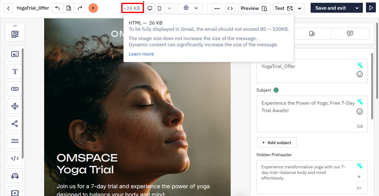 Email size indicator highlighted with the tooltip explaining the Gmail size limit