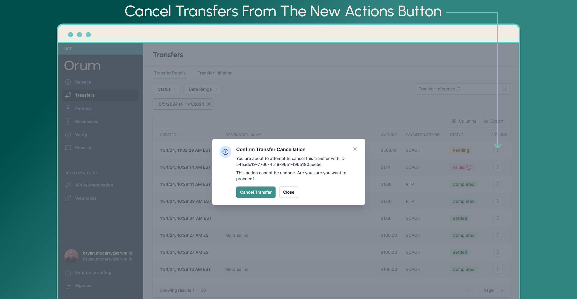 Cancel transfers via Orum Portal