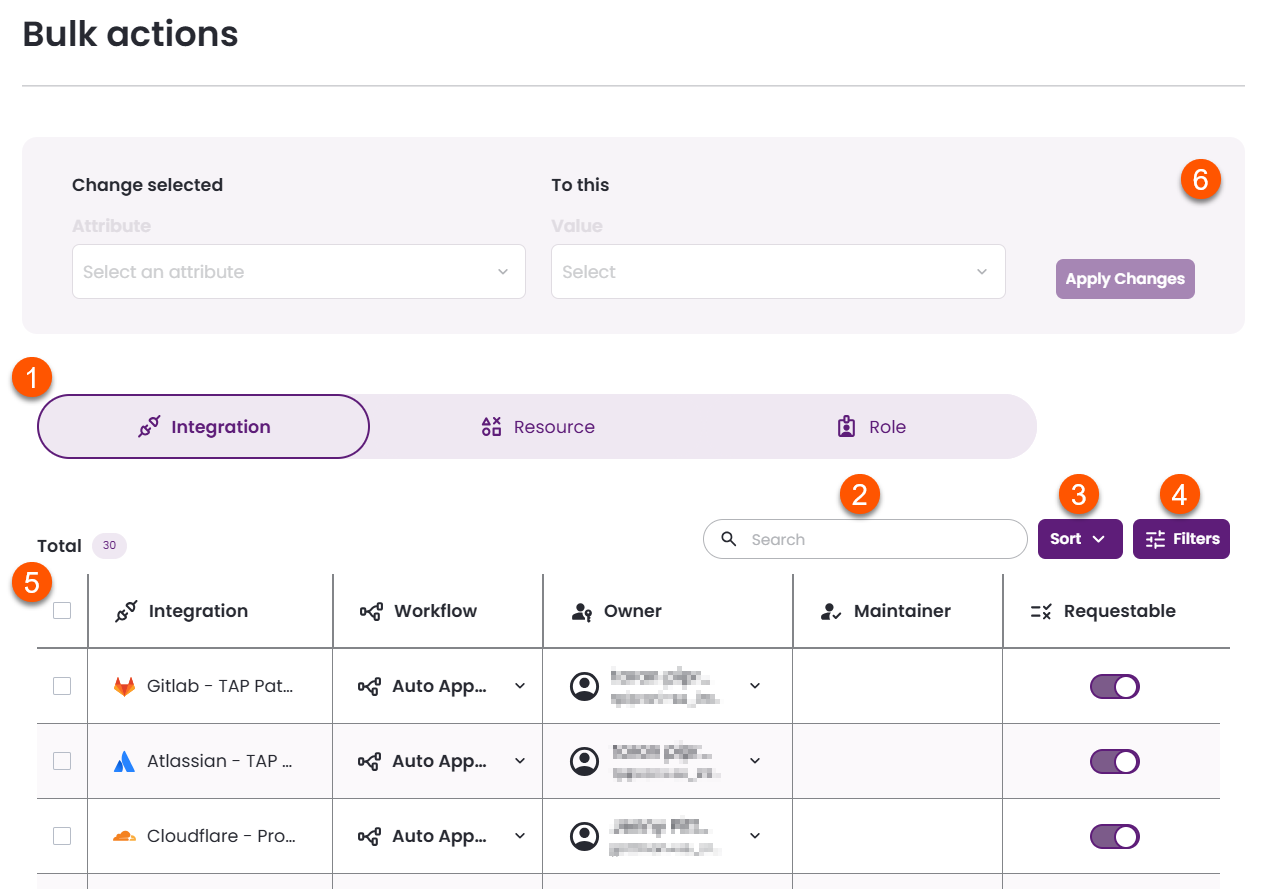Bulk actions screen overview of components