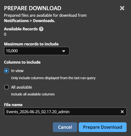 Prepare download file settings for Events analytics