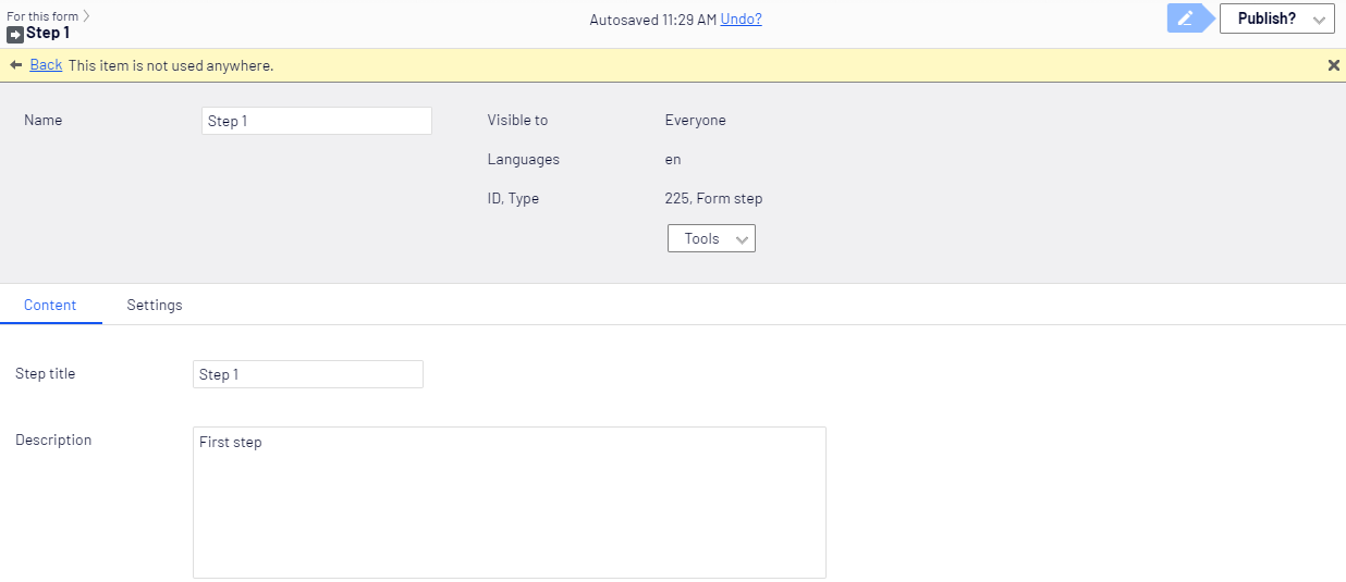 Screenshot of the Form step element Content tab with Label text and Description fields where editors configure the step label and tooltip