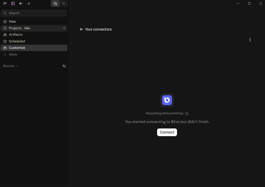 Bitso connector page with the Connect button