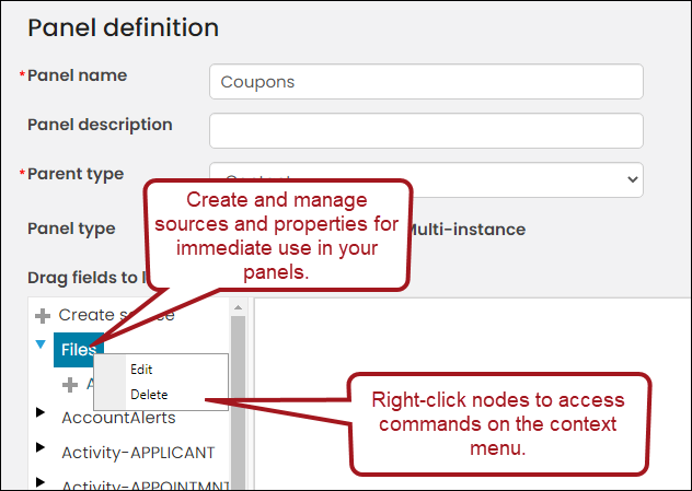 Managing properties from the Panel definition page