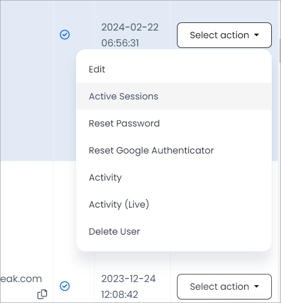 Screenshot with the active sessions in actions