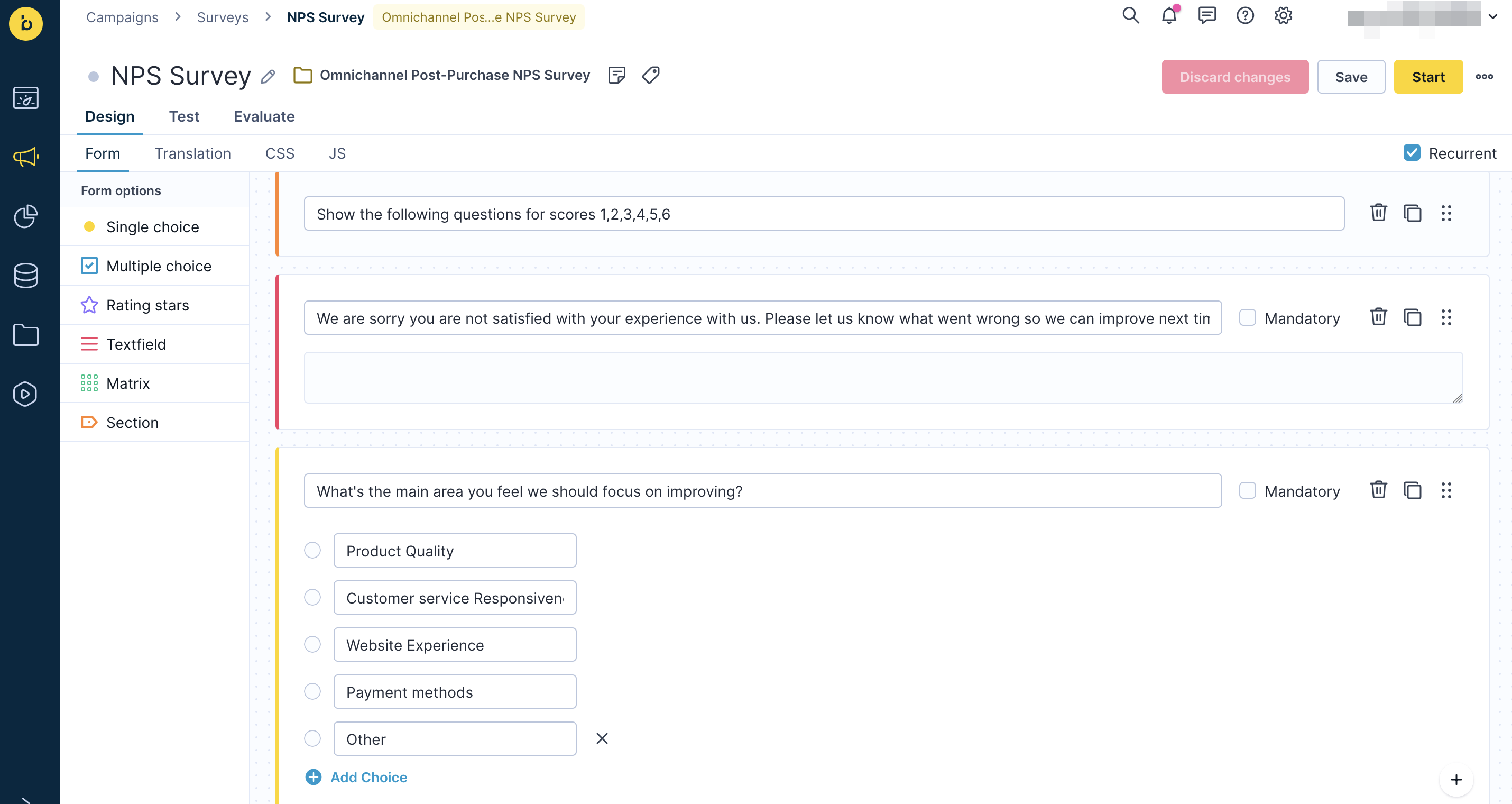 ![Conditional follow-up question configuration based on NPS score in survey editor - rating 6 and less