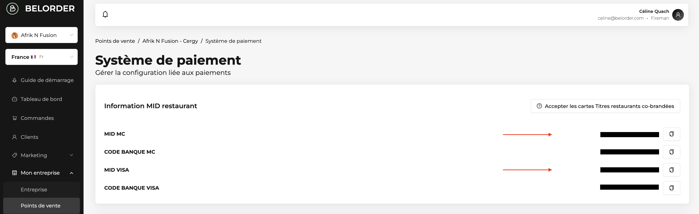 Écran Système de paiement du dashboard Belorder affichant les MID VISA et Mastercard à copier