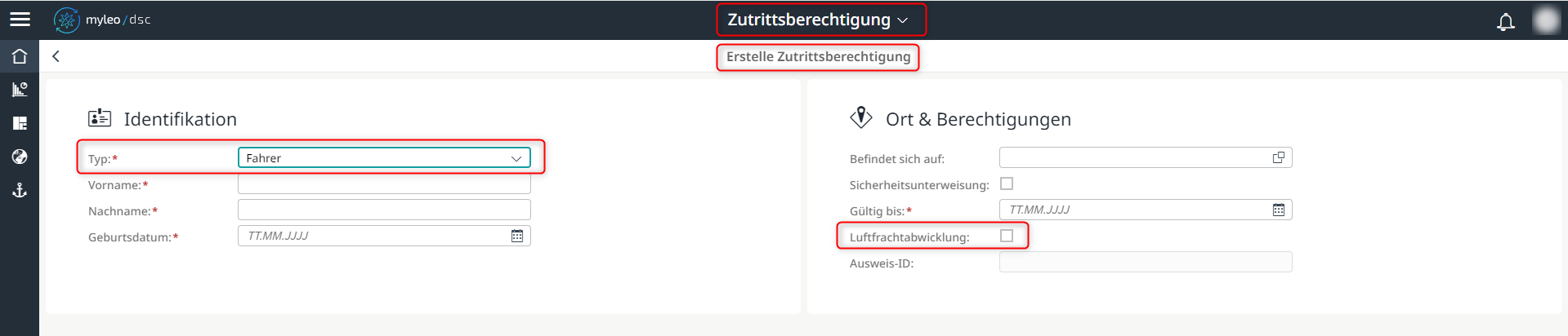 Bei einer Neuanlage festlegen, ob ein Fahrer für die Luftfrachtabwicklung zugelassen ist