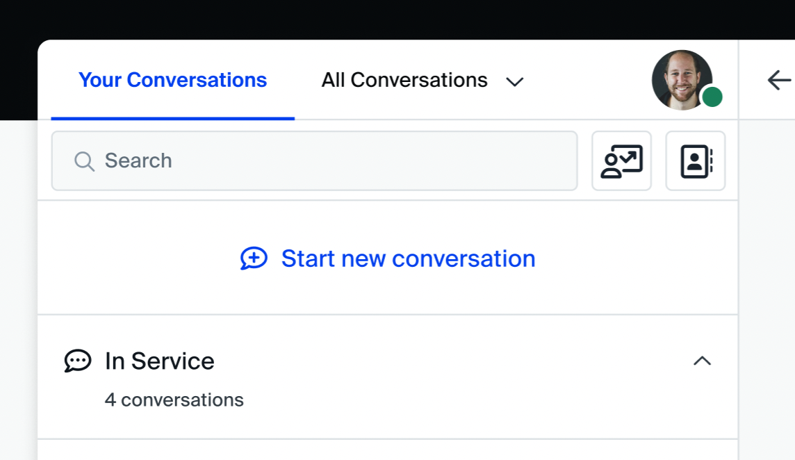 A screenshot of the top left corner of Sales Desk. In the center there is a button labelled "Start new conversation".