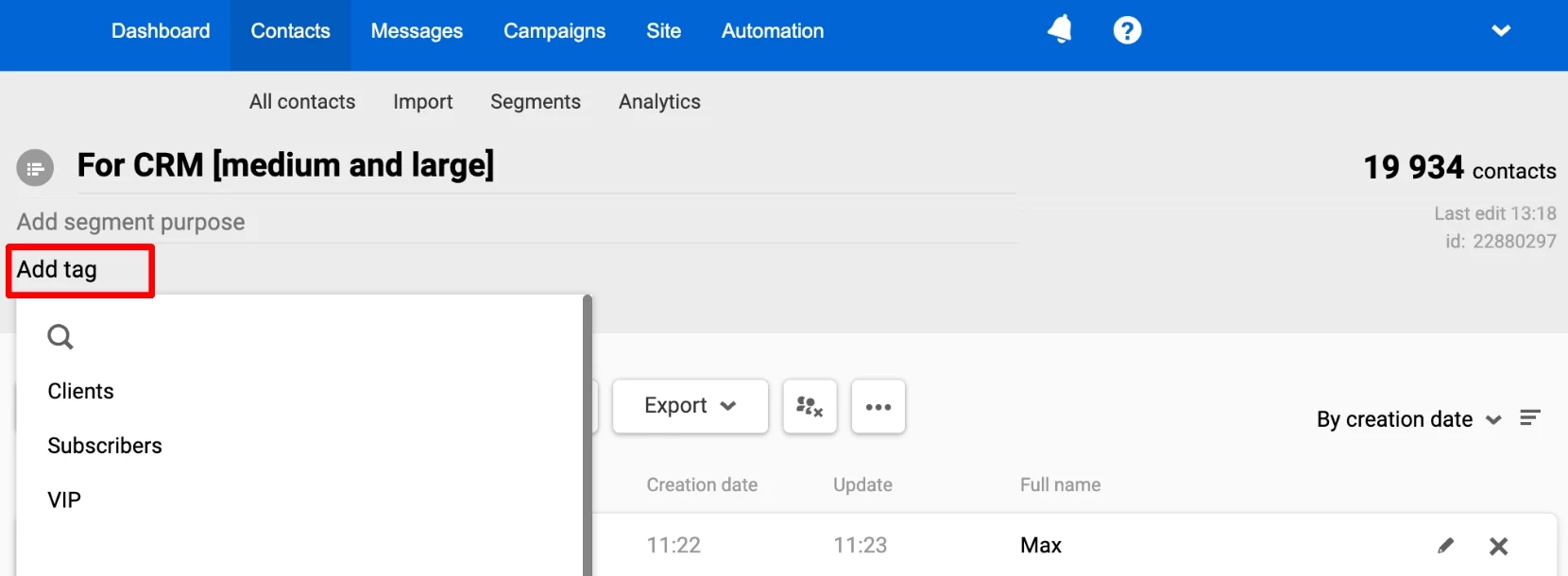 Adding tag to the contact segment