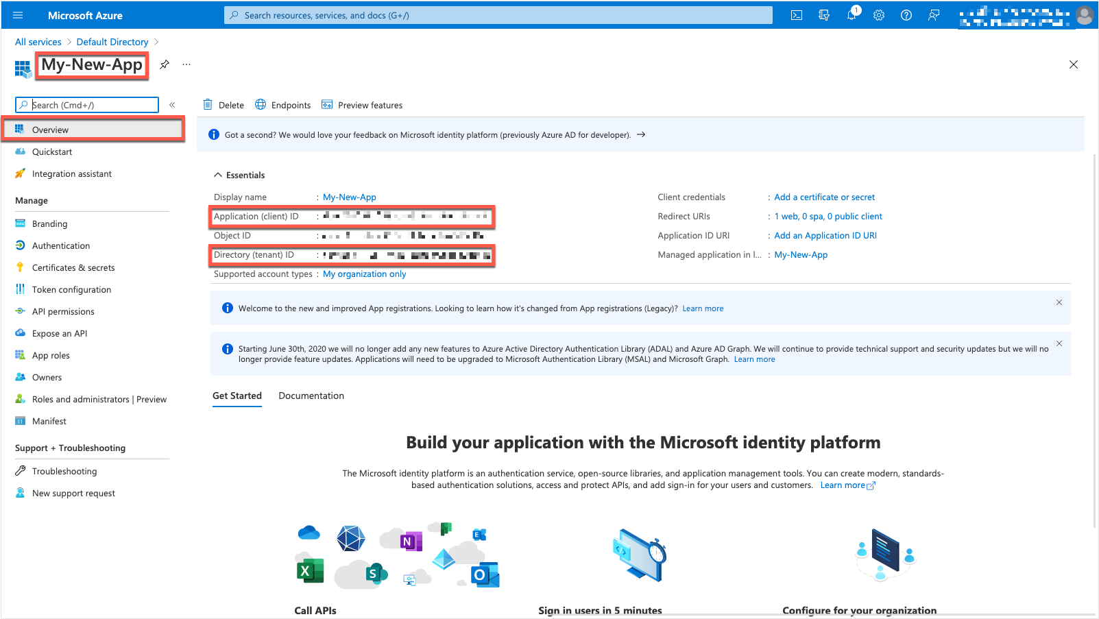 Azure Portal - App Preview (details for Application and Tenant ID)