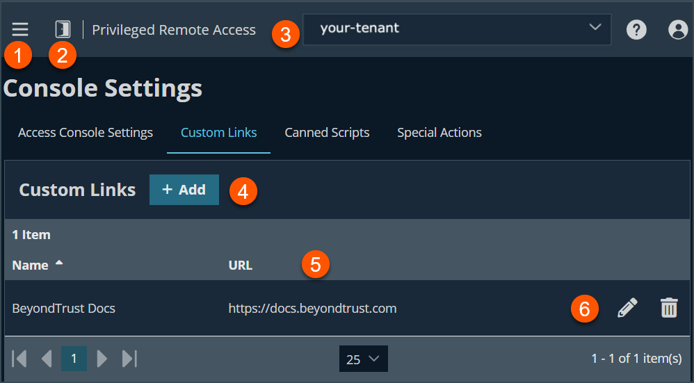 An image of the Console Settings page in a Privileged Remote Access application. The 'Custom Links' tab is selected, showing an option to add new links with a '+ Add' button. One custom link is listed with the name 'BeyondTrust Docs' and the URL 'https://docs.beyondtrust.com', along with icons to edit or delete it.