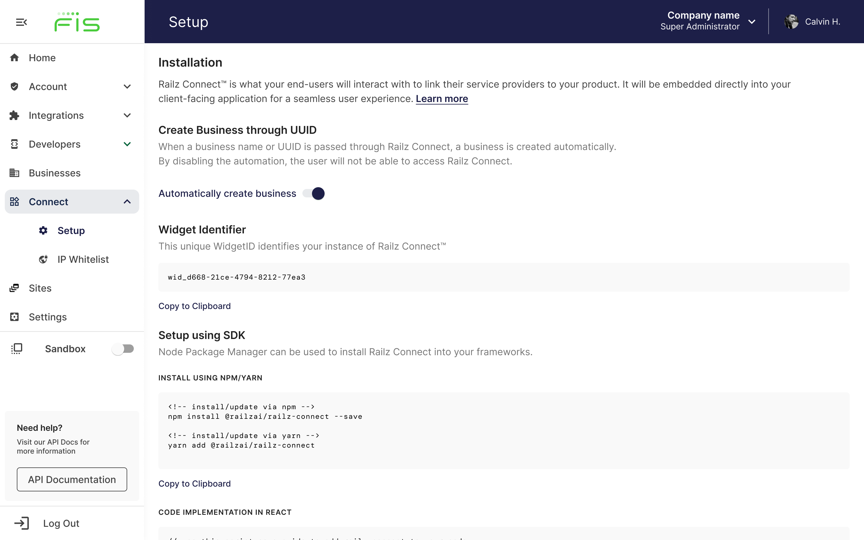 Railz Connect Setup Page. Click to Expand.