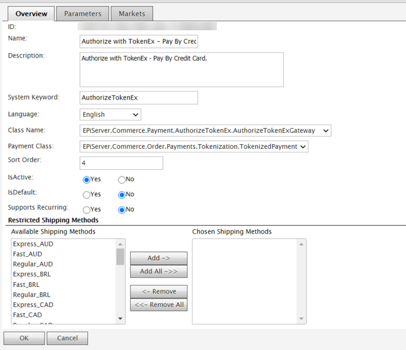 Screenshot of the Commerce Manager payment-method overview page where AuthorizeTokenEx is selected as the System Keyword