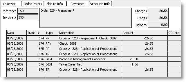 Example of the Account Info tab reflecting a debit memo order for Invoice # 238 - Note that additional freight and handling charges were not incurred for the additional product