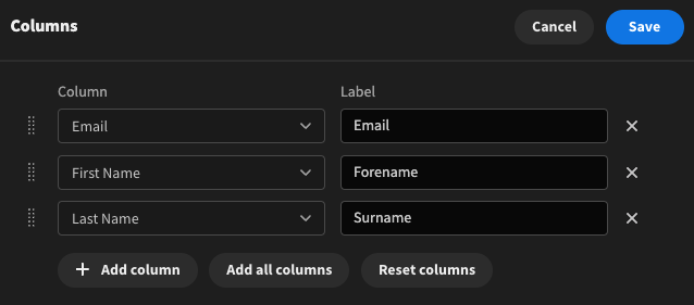 Only include these three columns in the data export