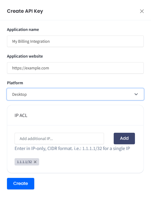 The Create API Key form