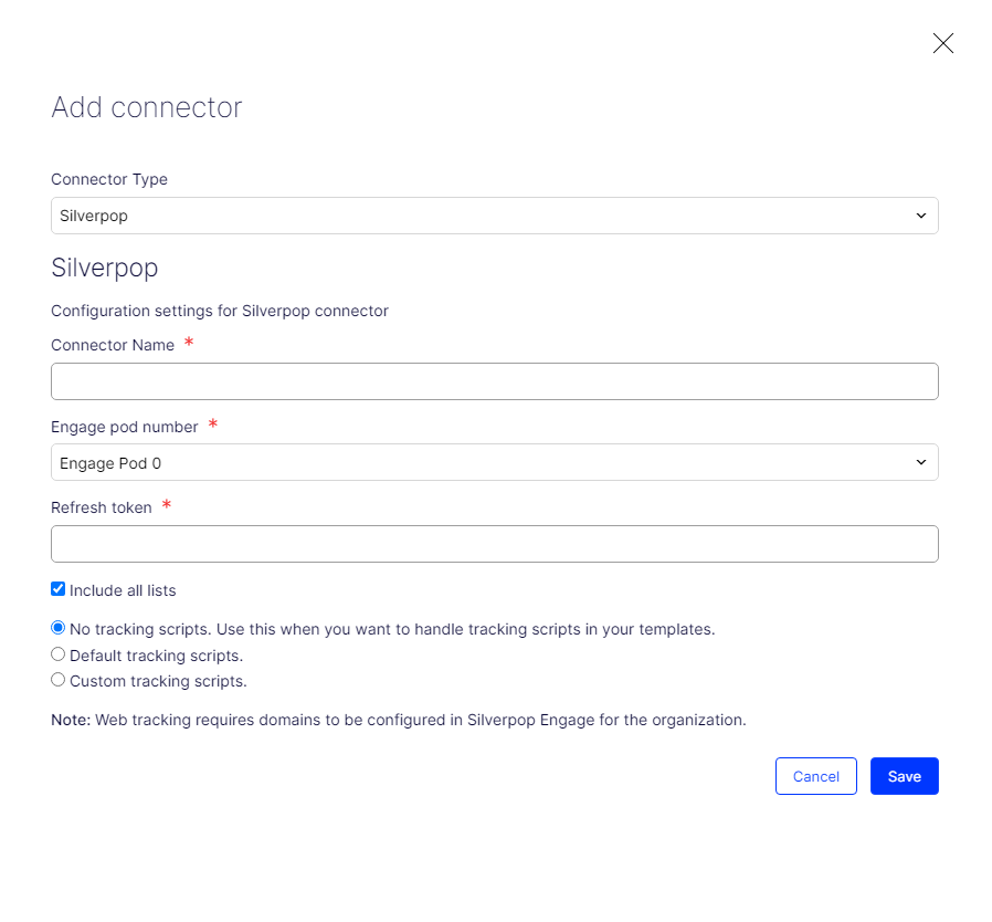 Screenshot of the Acoustic Silverpop connector configuration settings where entering account credentials and tracking options