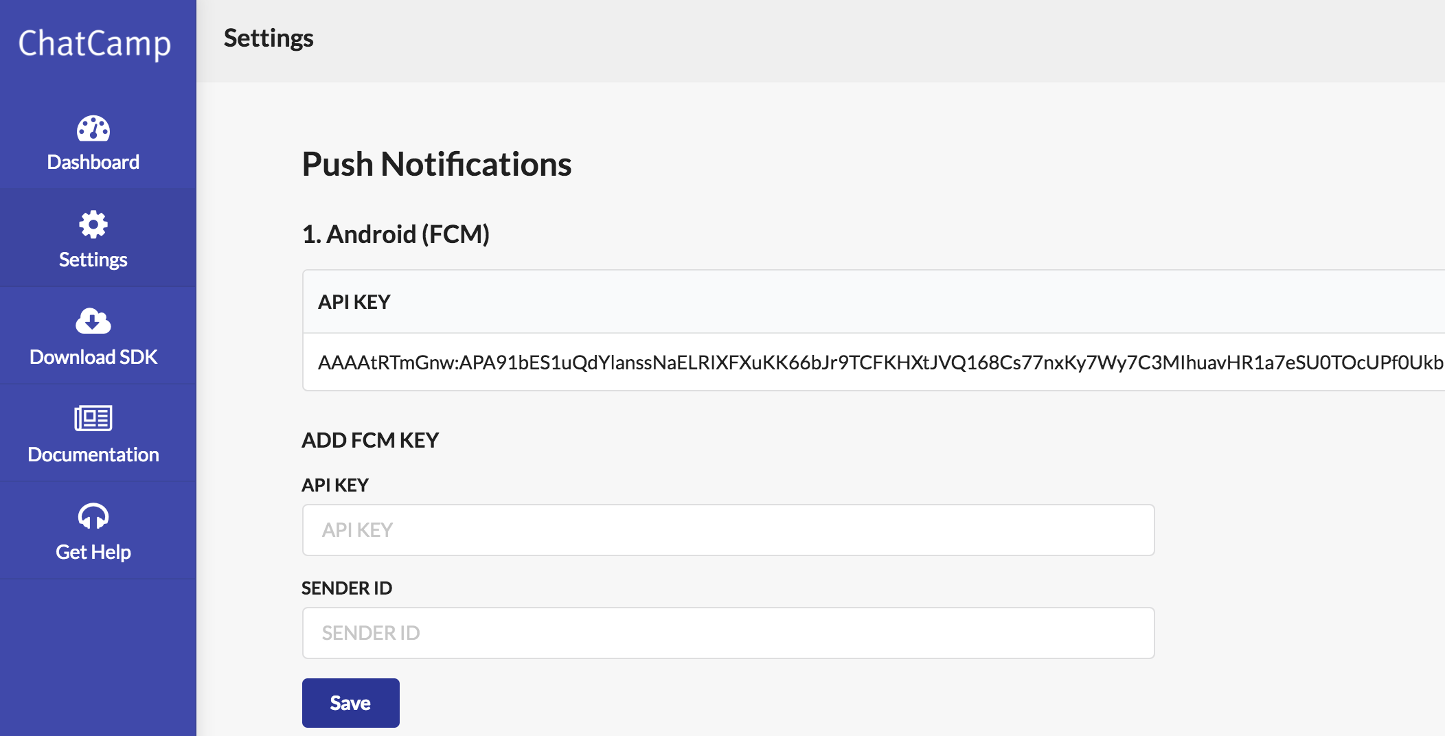 Add FCM Server Key and Sender ID in ChatCamp Dashboard