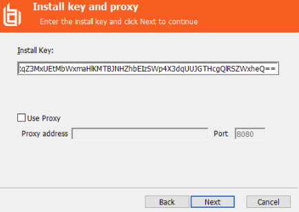 Install key and proxy setup dialog with filled install key field and inactive proxy settings; Next button highlighted.