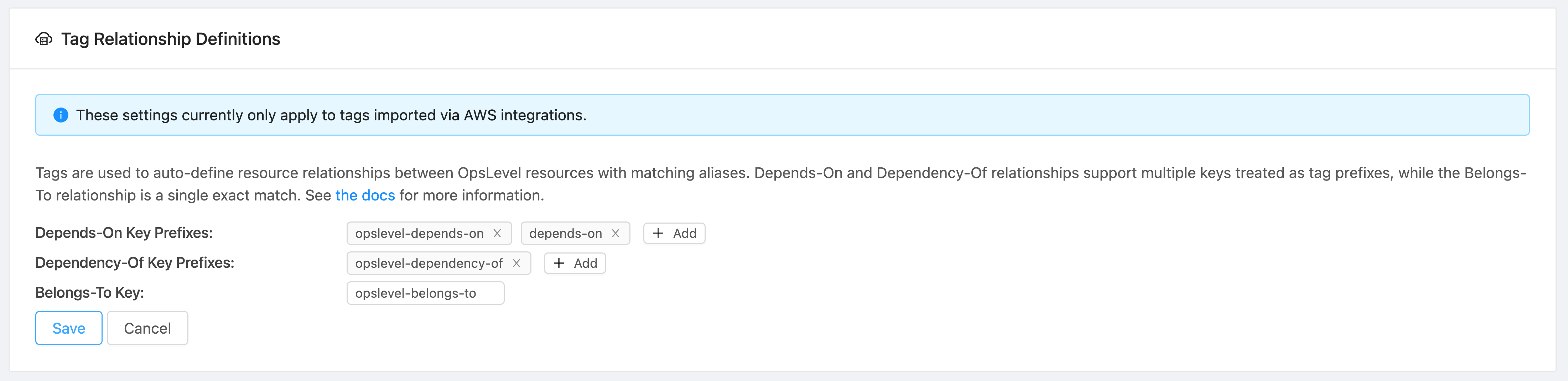 Card located on account settings showing the edit screen for relationship tag keys/prefixes used by your AWS integration