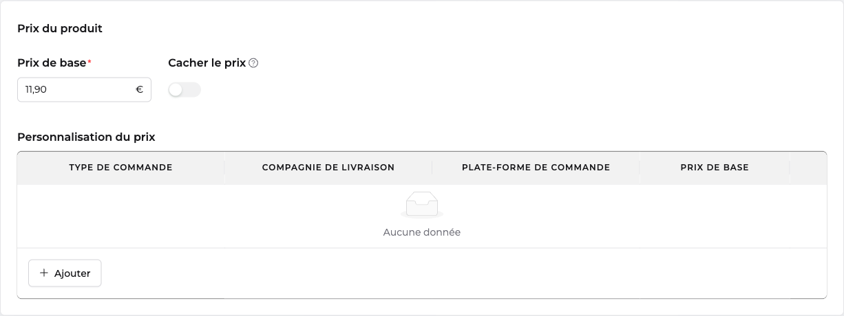 Section prix du produit