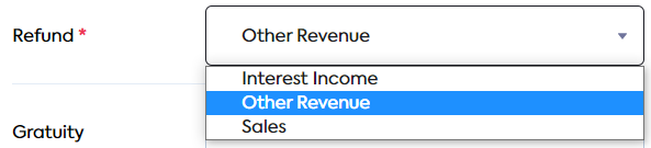 A dropdown list displaying nominal accounts that can be used to map **Refunds** (click to expand).
