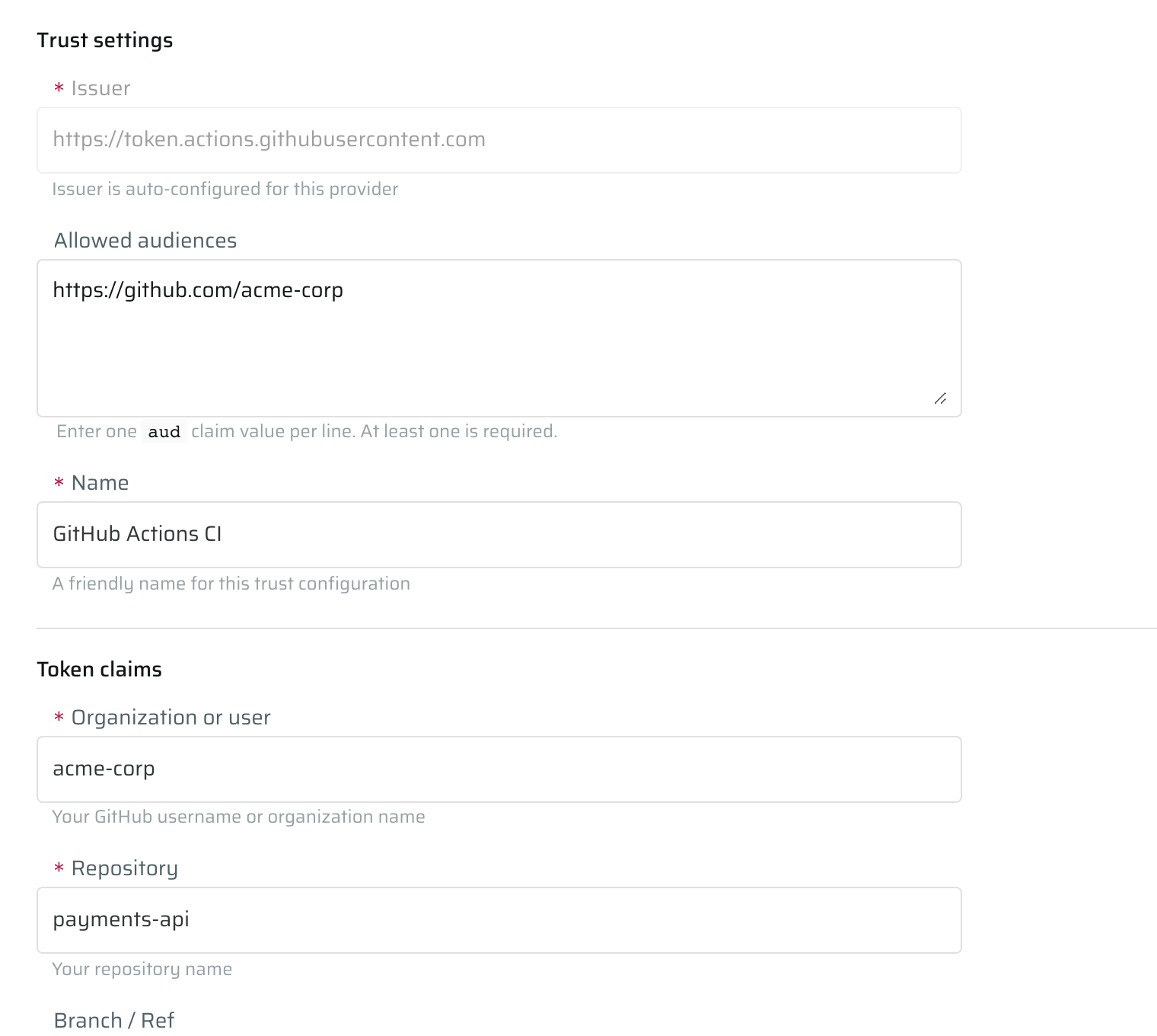 GitHub Actions WIF settings