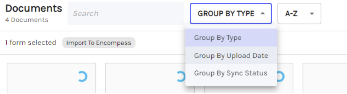 A dropdown list shows the different options available for grouping the documents.