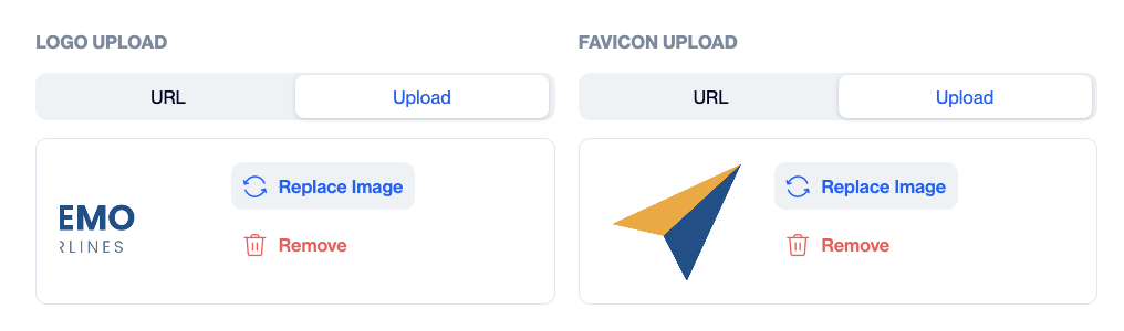 Logo Upload and Favicon Upload sections showing uploaded image previews with Replace Image and Remove links, and URL and Upload tabs above each box.