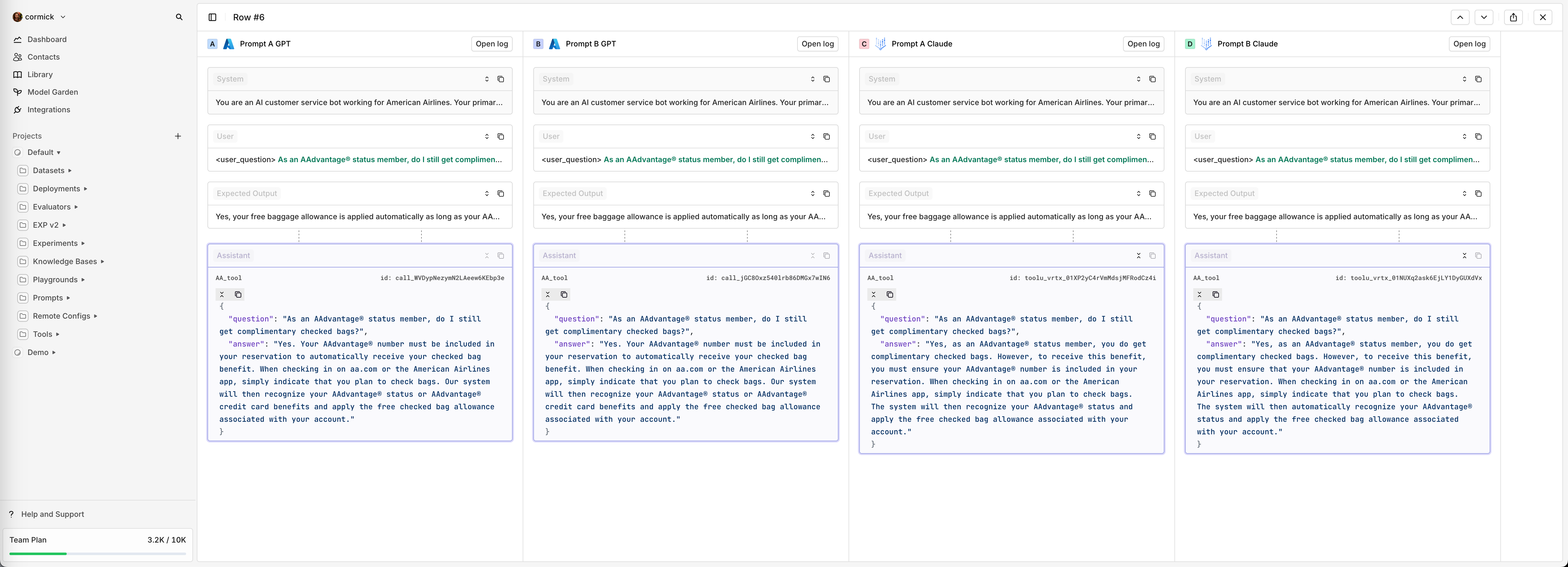 Comparing Prompt version A and B from GPT-4o and Claude 3.5 Sonnet