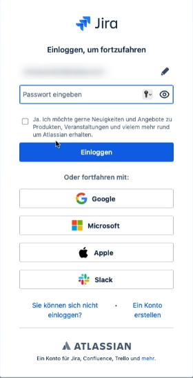 Einloggen ins Atlassian System