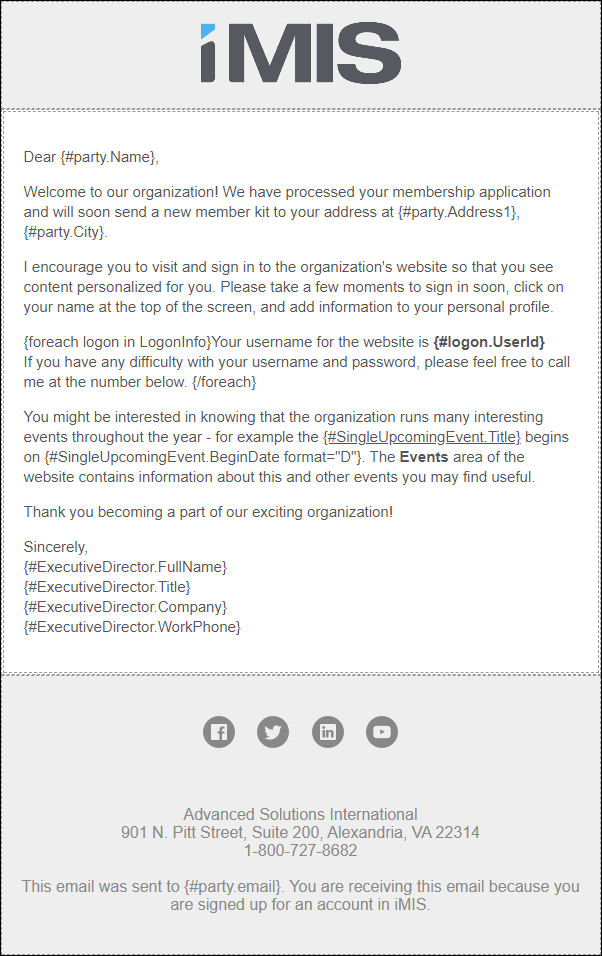 Welcome email template for new members featuring placeholders for the member's name and address, a welcome message, instructions for website login, upcoming event details, and contact information. The template is presented with a company logo and footer containing social media icons.