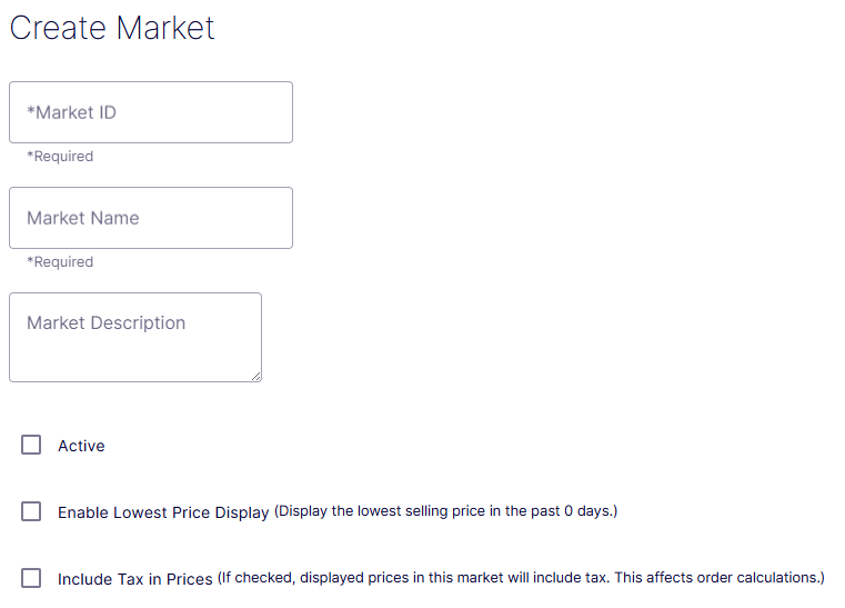 Create Market form showing identity fields including Market ID, Market Name, Market Description, Active, Enable Lowest Price Display, and Include Tax in Prices