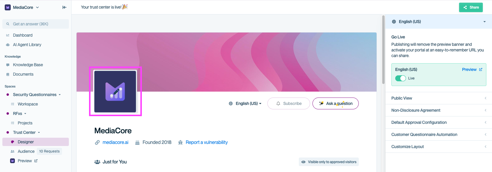 Screenshot of a Trust Center profile page with the company logo highlighted. Hovering over the logo reveals a pencil icon, which can be clicked to open the Brand Settings modal for customizing colors, fonts, and logos.