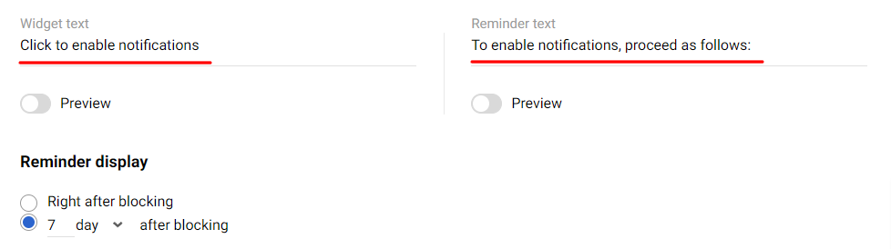 Widget text and reminder text