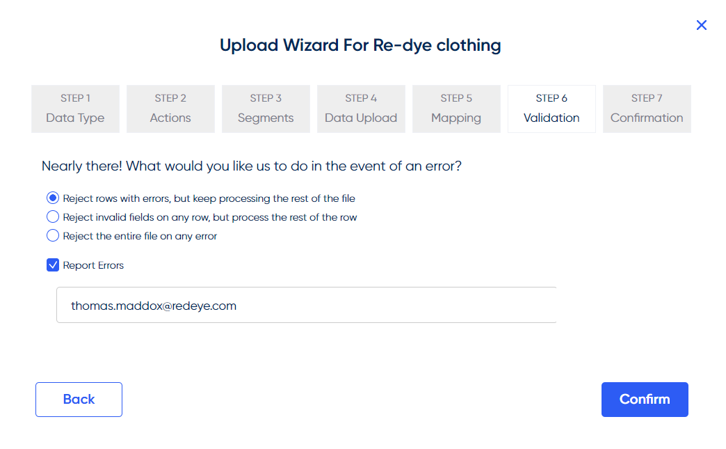 The next set of options allow determine what will happen in the event on an **error**.