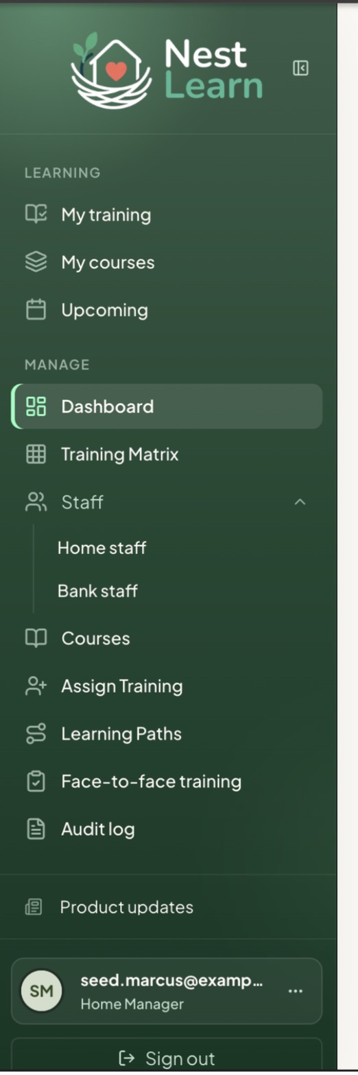 The manager sidebar, with the Learning and Manage sections