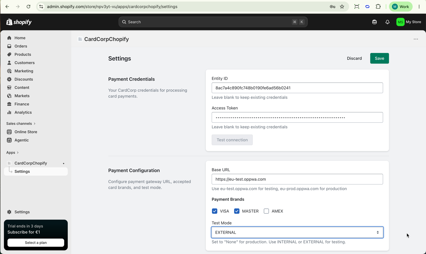 Set Entity ID and Access Token, Base URL, Payment Brands, and Test Mode for the test environment.