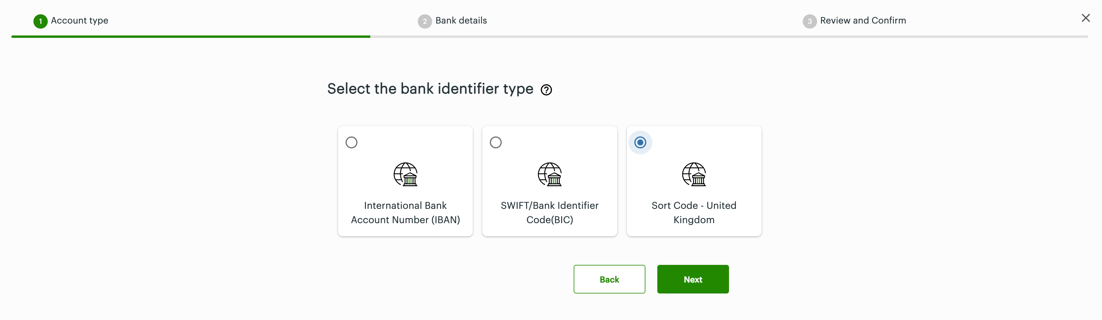 Select the bank identifier type: Sort code - UK